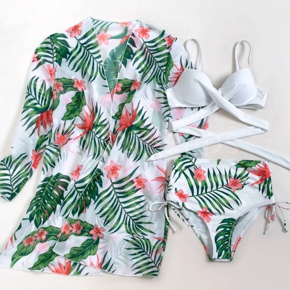 3 Piece Tropical Print Swimwear Set White - Picture 7 of 10